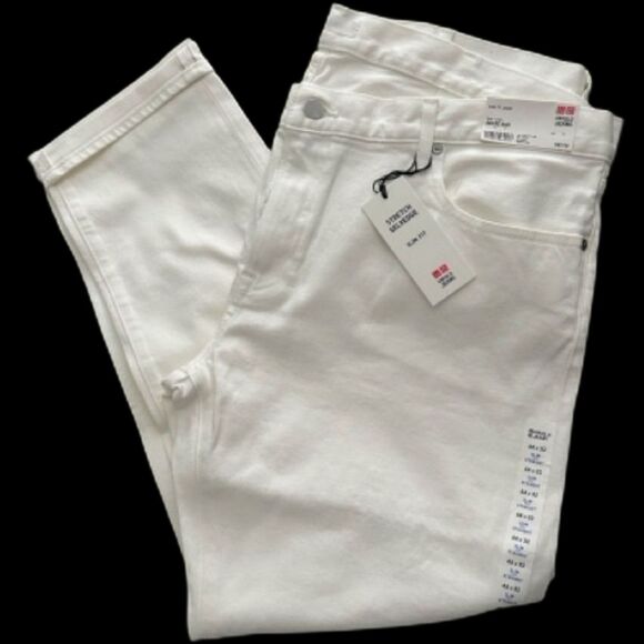 UNIQLO Mens Stretch Selvedge Slim Fit Straight Jeans White 42 x 34, NEW - Picture 1 of 7